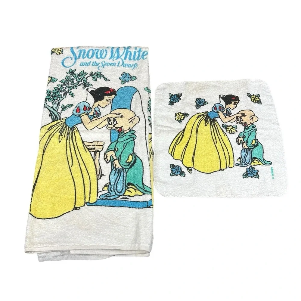 Vtg Cannon Snow White & Dwarves Towel Washcloth Set 100% Cotton Disney Princess